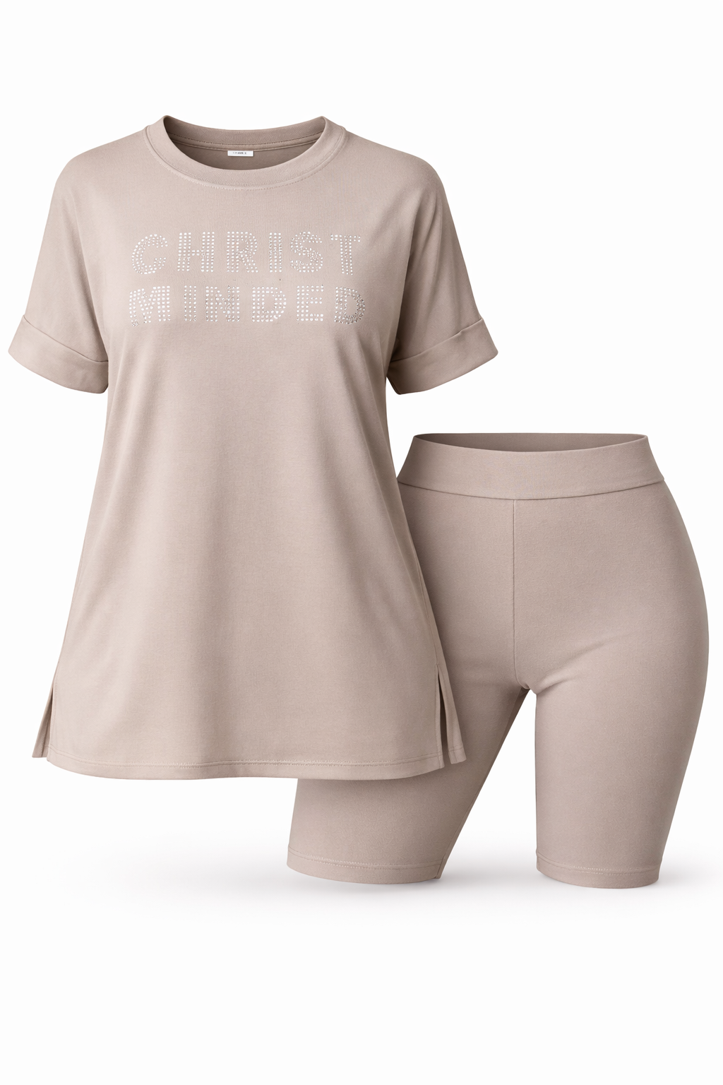 woman wearing tan christ minded lounge set with rhinestone lettering on shirt and phil iv print on shorts