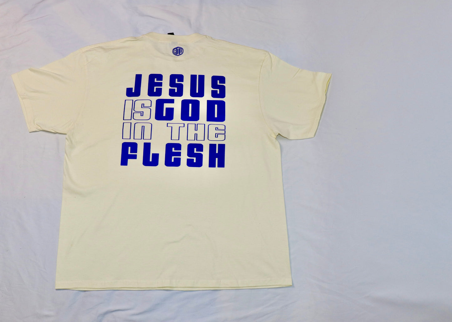 beige christian t-shirt with christ minded front design and jesus is god in the flesh back print in blue letters