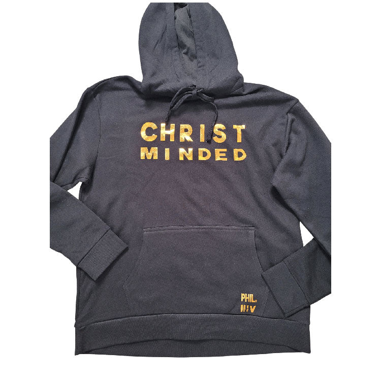 black “Christ Minded” hoodie with white lettering and black drawstrings laid flat on a white background.