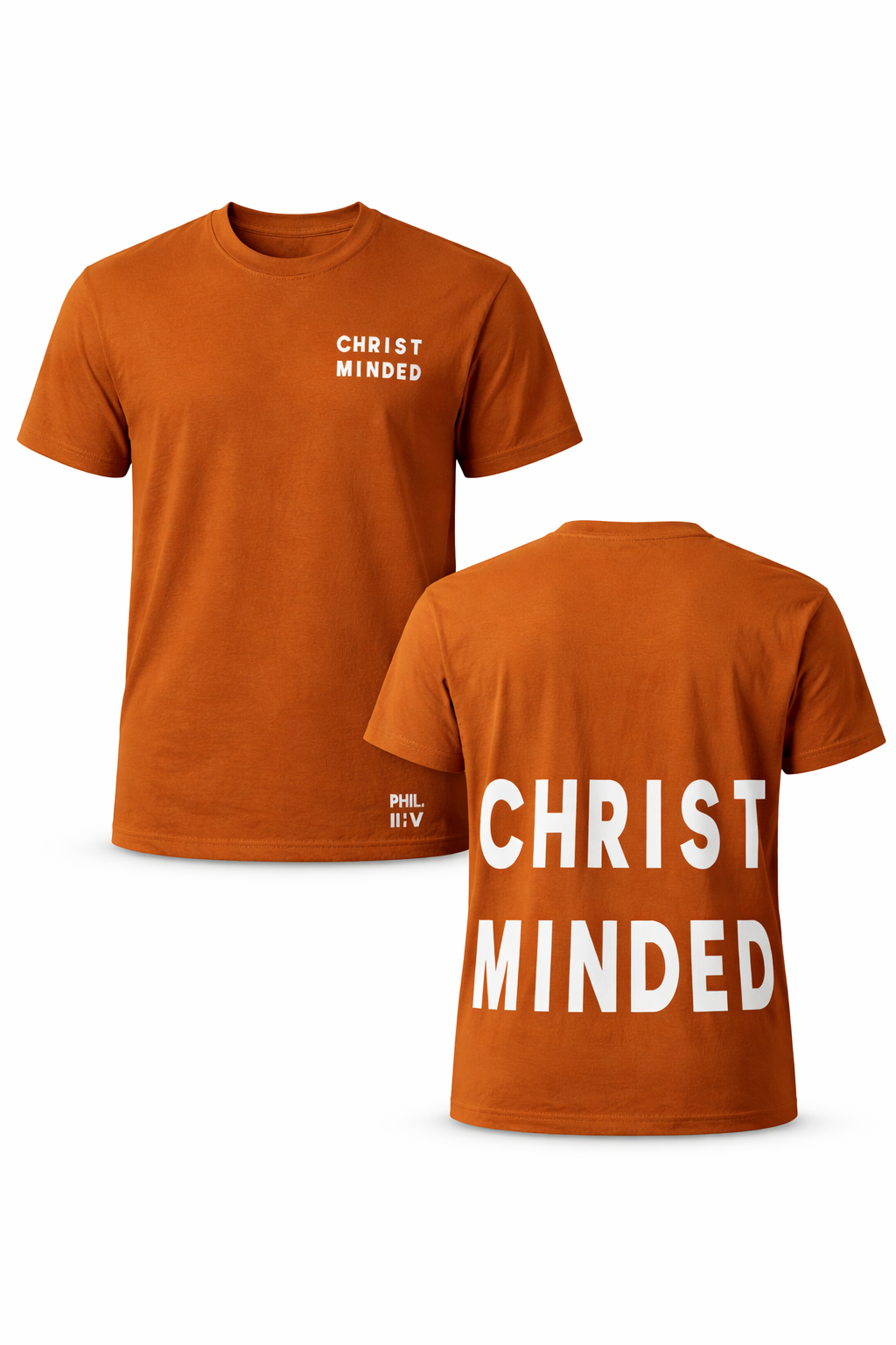 Christ Minded burnt clay unisex t-shirt with white text on front featuring minimalist faith-based design