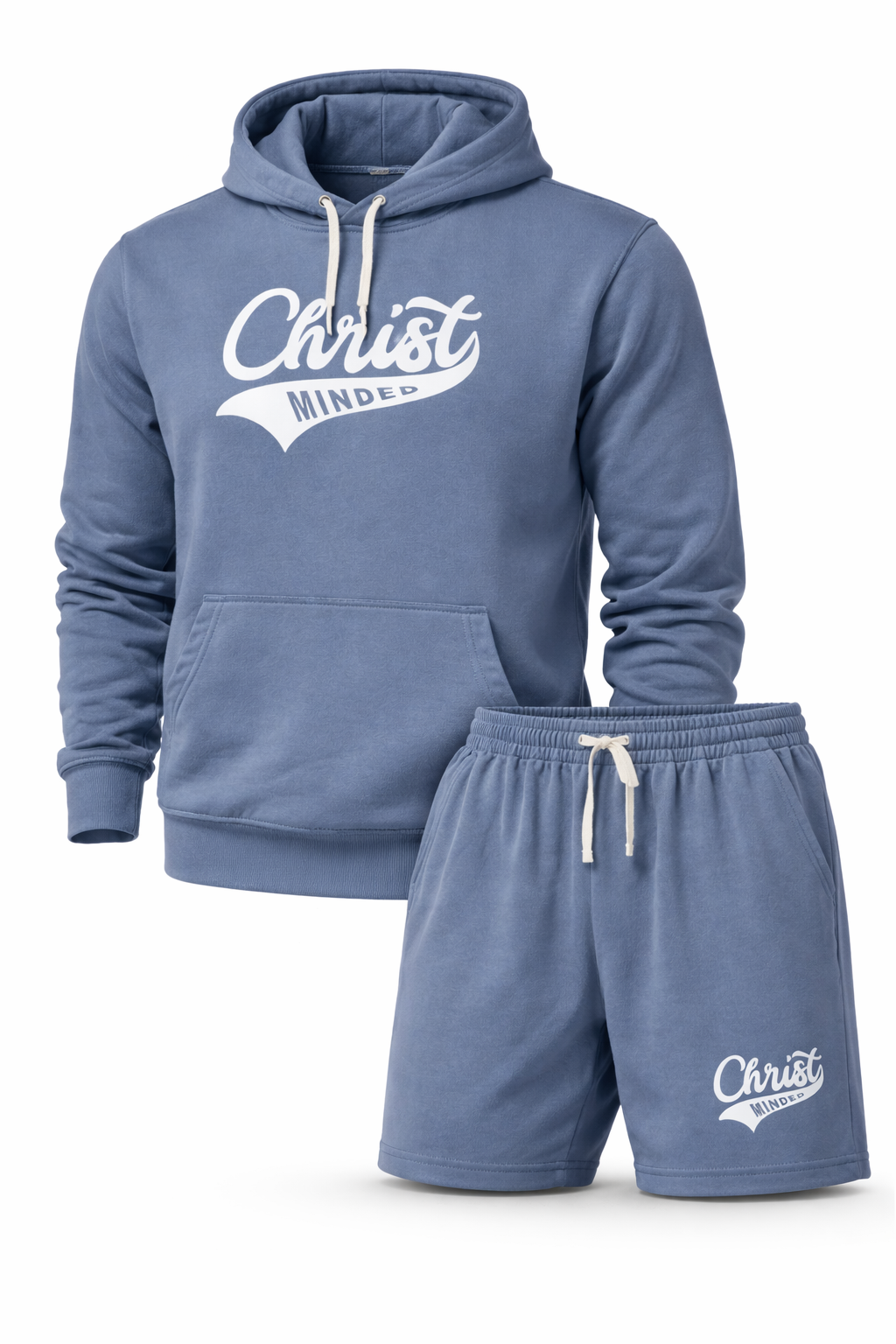 Christ Minded blue hoodie and matching shorts set with white logo print, displayed as a coordinated faith-based outfit.