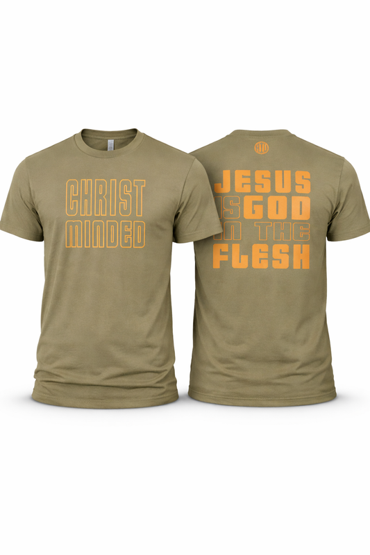  olive christian t-shirt with christ minded outlined front design in orange letters