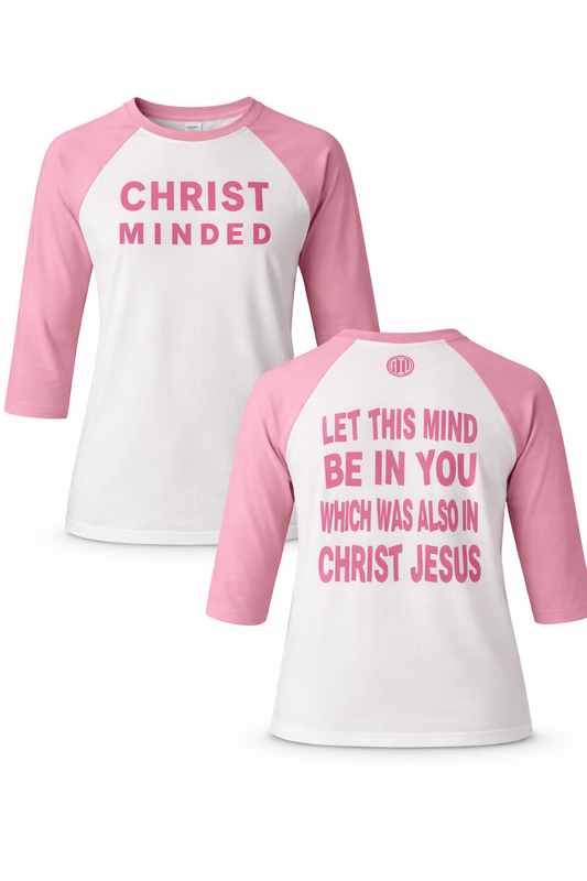 Christian baseball tee with pink sleeves and white body featuring bold “Christ Minded” design on front
