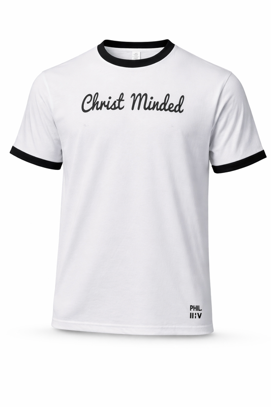 Christ Minded white ringer T-shirt with black trim and script logo on chest, displayed on a mannequin.