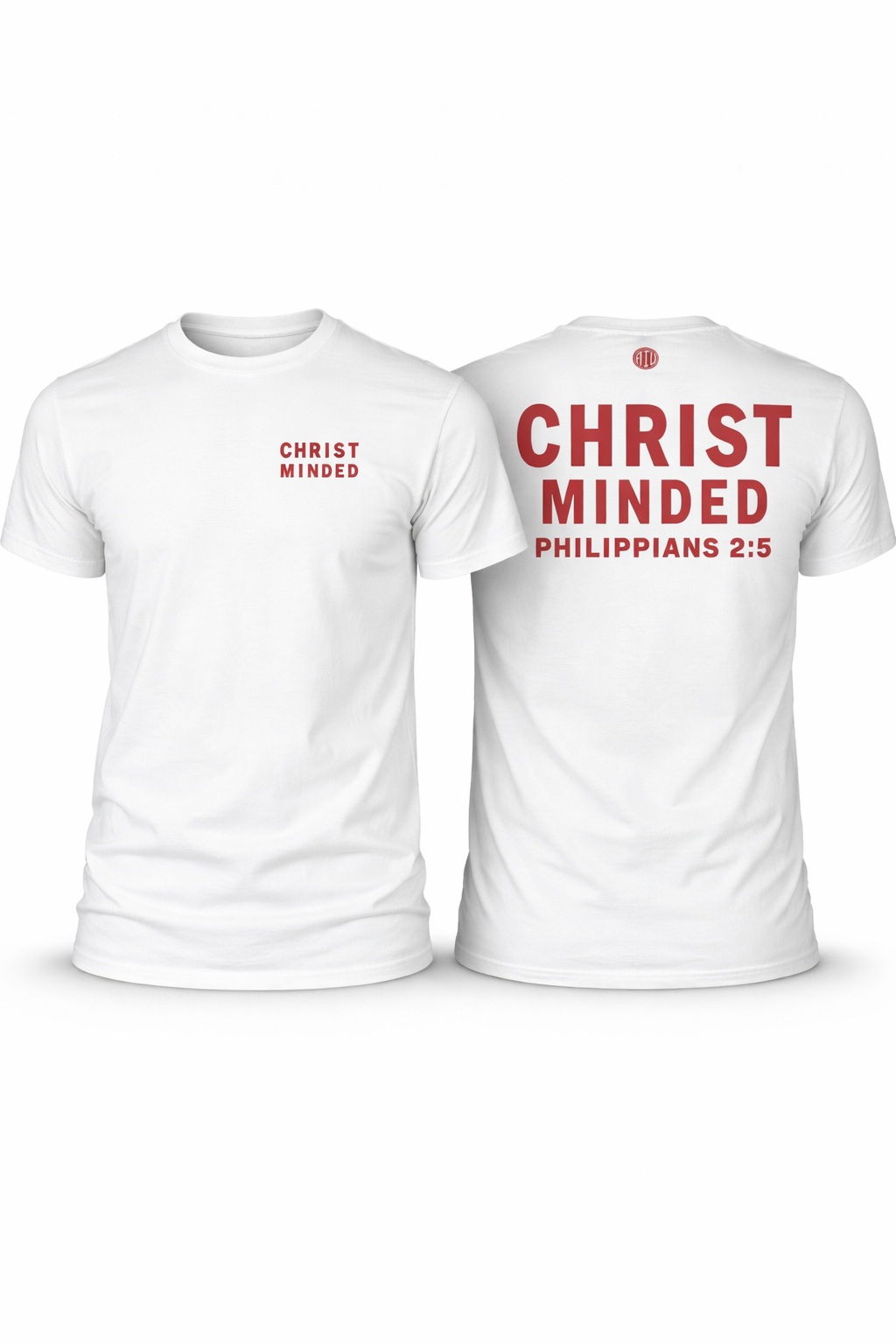 Christ Minded unisex t-shirt with minimalist red lettering on the front, faith-based Christian apparel inspired by Philippians 2:5.