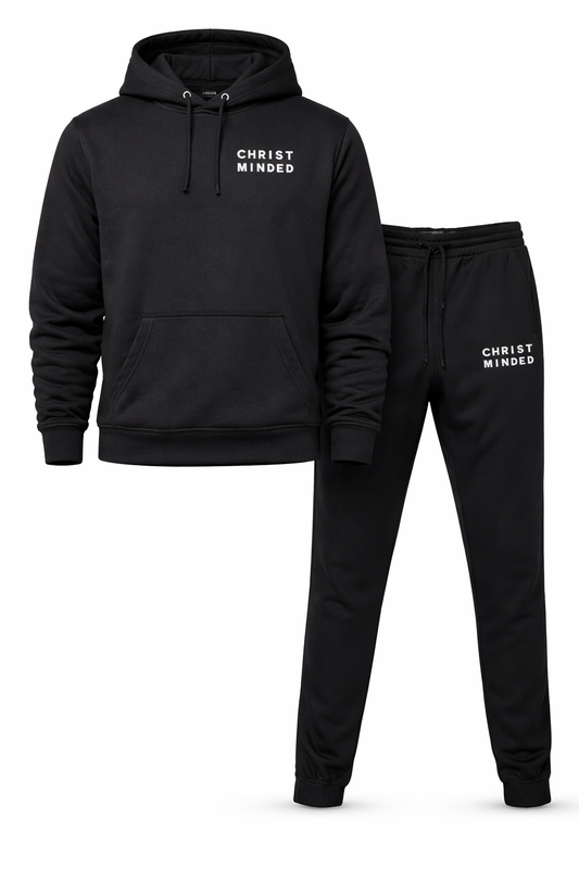 Christ Minded black zip-up hoodie and jogger set with white faith-based print on chest and leg.