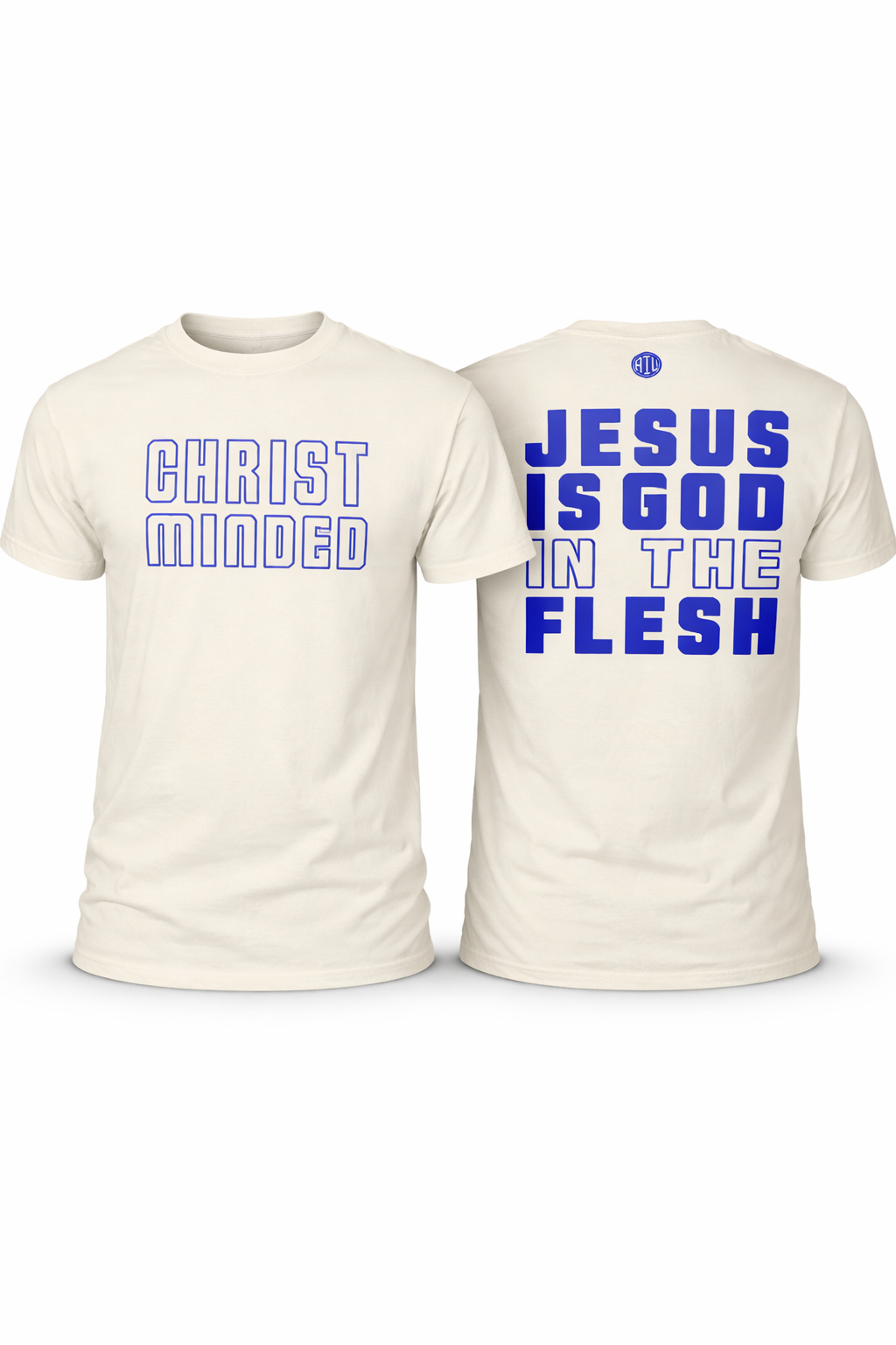 Christian t-shirt with “Christ Minded” text in outlined block letters on the front, minimalist faith-based apparel design.