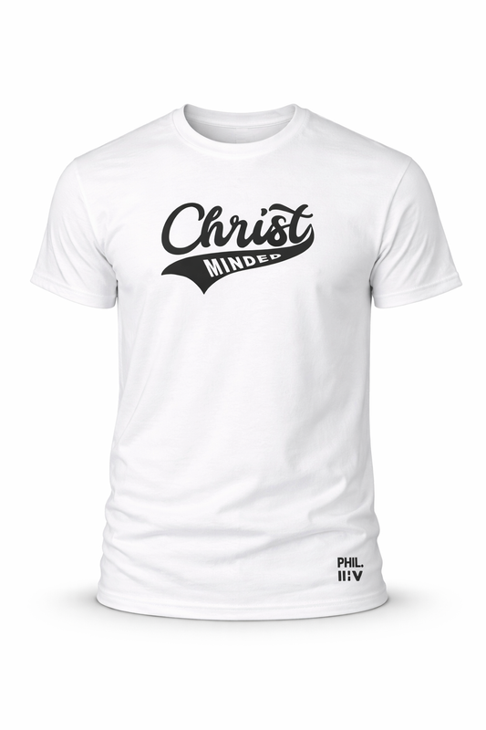 Christ Minded unisex white t-shirt with bold black script logo across the chest and Philippians 2:5 reference near the hem, Christian faith-inspired streetwear.