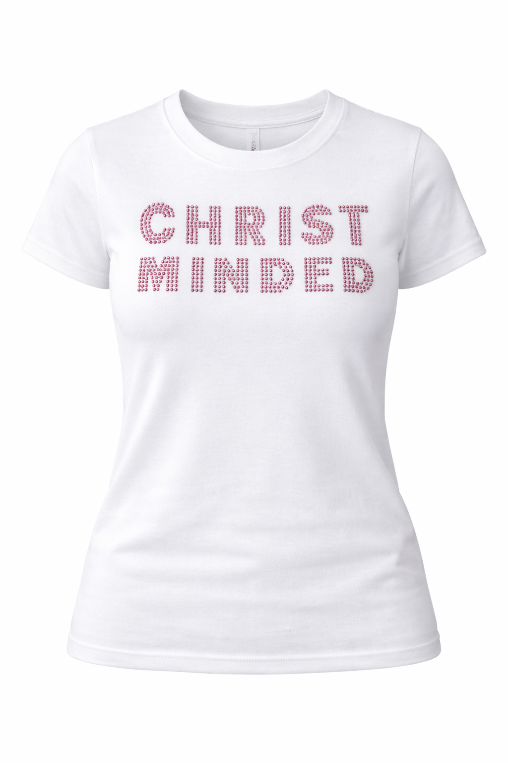White t-shirt with 'CHRIST MINDED' text in Red Rhinestone on a white background