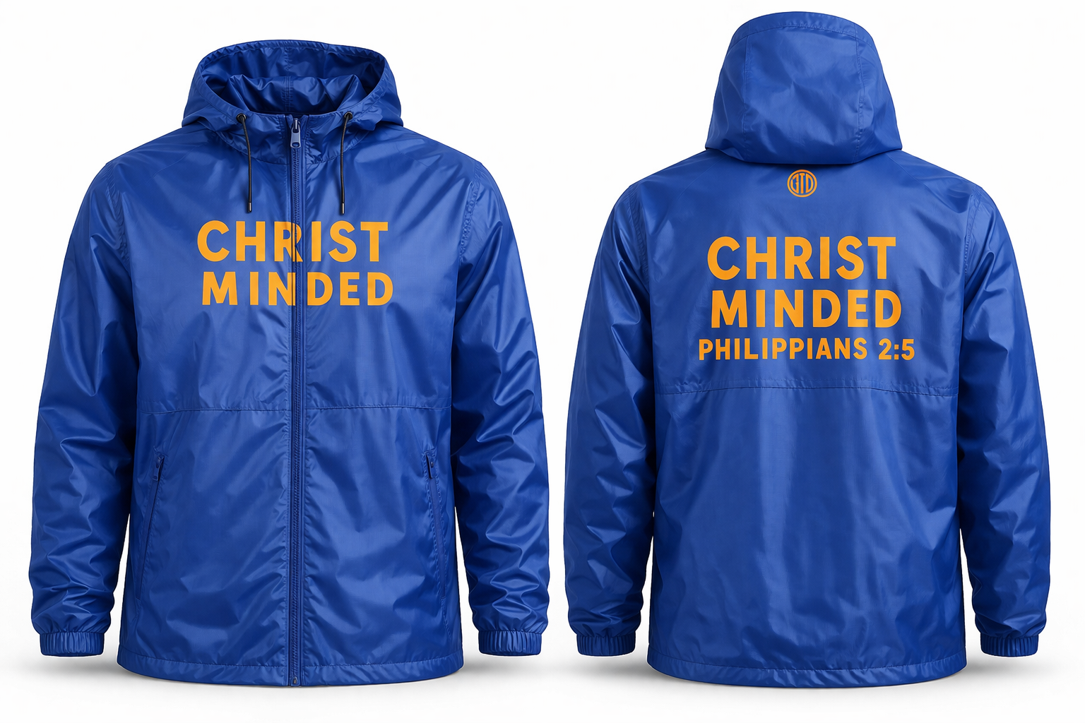Front view of royal blue Christian windbreaker jacket with yellow text reading “CHRIST MINDED” across the chest