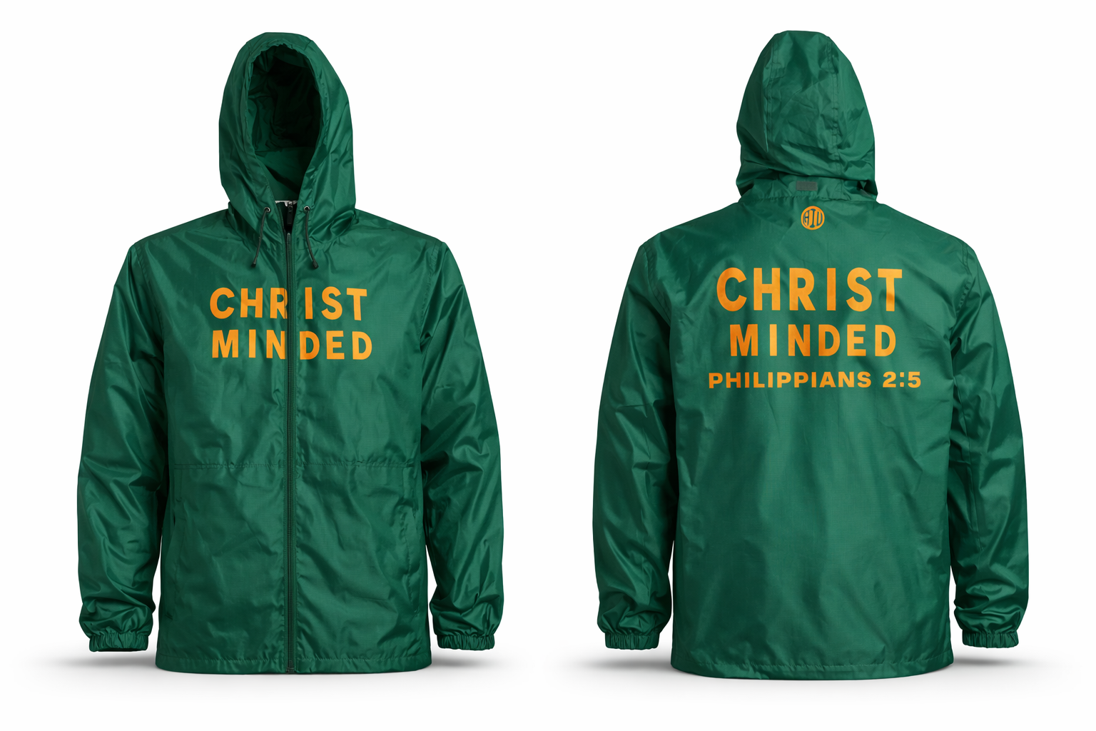 Back view of green Christian zip-up hooded jacket with yellow text reading “CHRIST MINDED PHILIPPIANS 2:5” across the back
