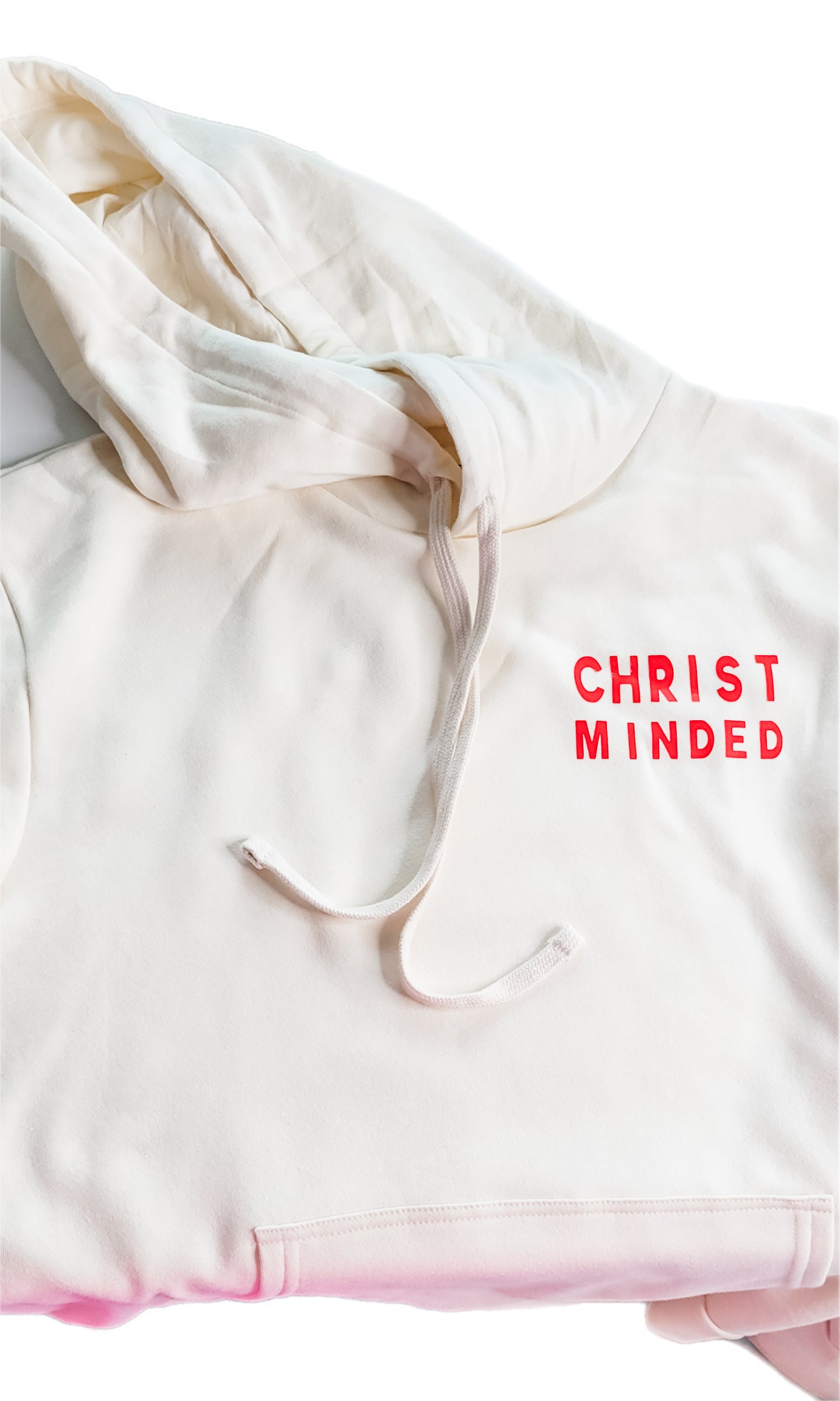 A white hoodie with the text 'CHRIST Minded' printed in red on the front.