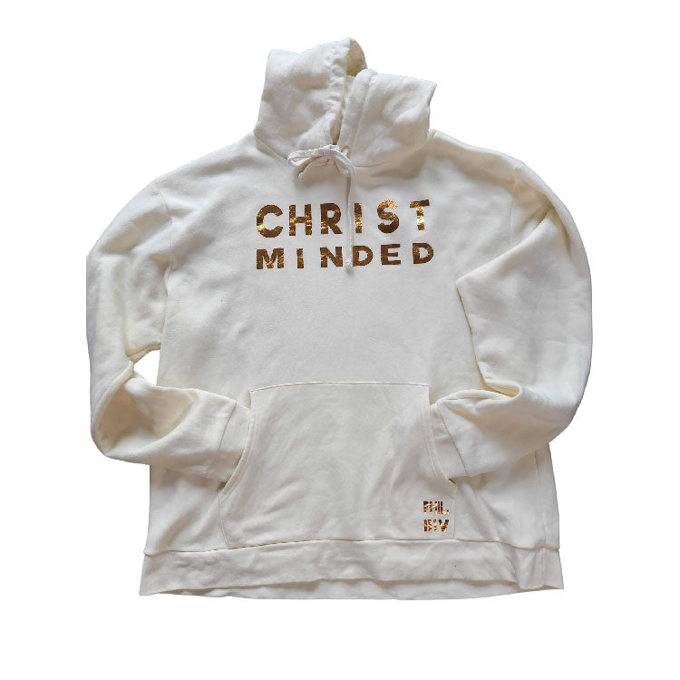 A white hoodie with the text 'CHRIST MINDED' printed in brown on the front.