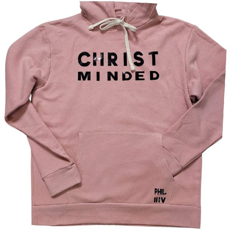 Pink Christ Minded hoodie with black lettering and cream drawstrings laid flat on white background